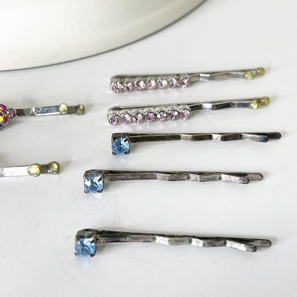 Lot of 7 Vintage Y2K Rhinestone Silver Bobby Pins 90s Fashion Glam Sparkle - Picture 5 of 16